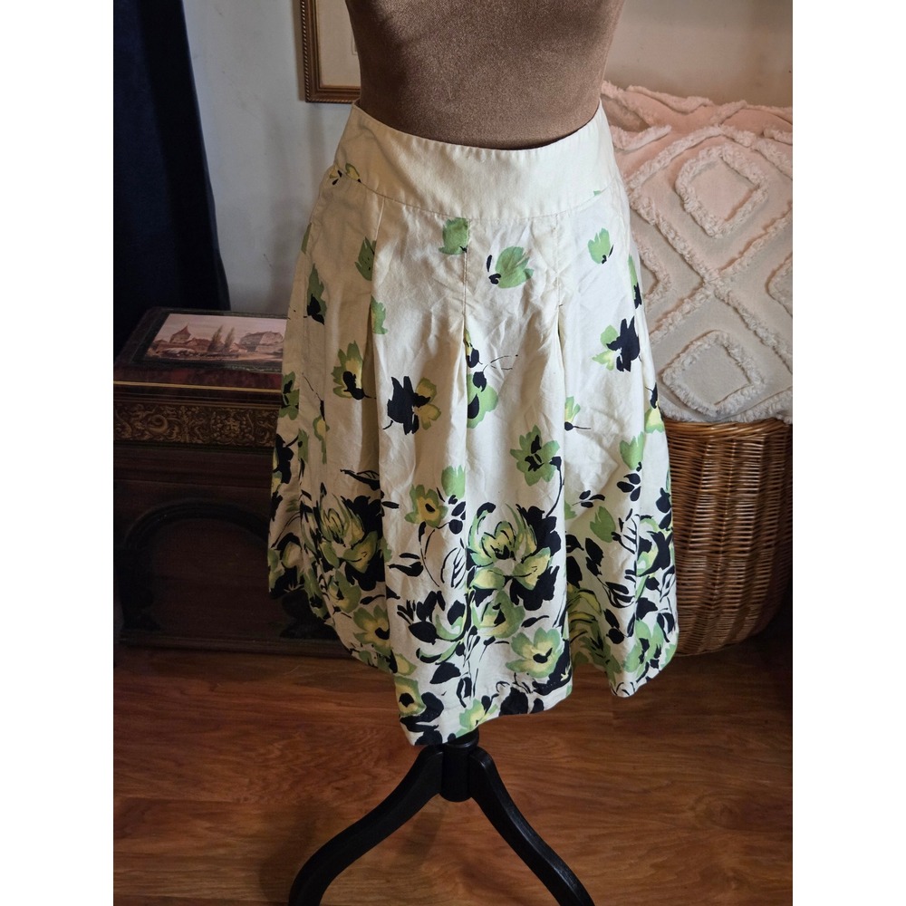 George Womens Floral Pleated Cotton A-Line‎ Skirt Cream Green Black Size 18